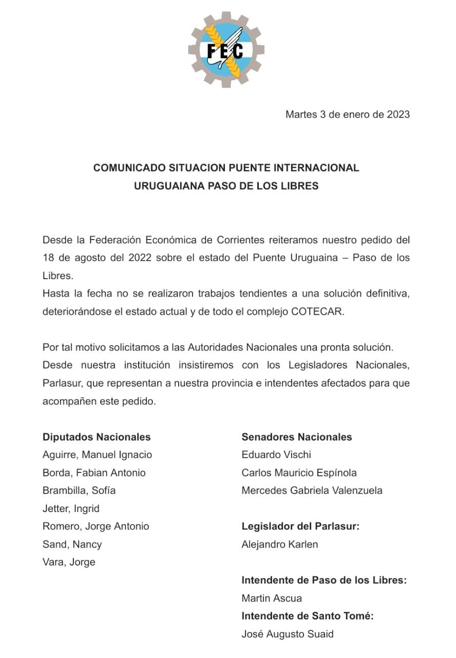 COMUNICADO SITUACIÓN PUENTE INTERNACIONAL URUGUYANA PASO DE LOS LIBRES